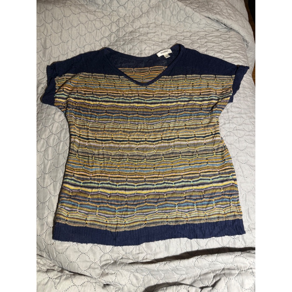 Dressbarn Womens Boho Medium Multi Color Striped V-Neck Knit Short Sleeve Top